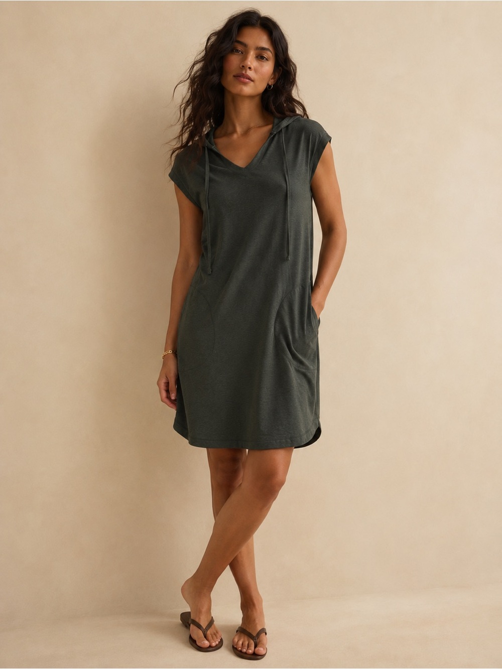 Max Studio Short Sleeve Hooded T-shirt Dress with Pockets in Olive Green Sz M